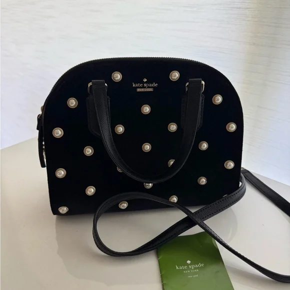 Kate Spade | Laurel Way Velvet Pearl Mini Reiley Black Gorgeous Handbag! - Picture 3 of 7